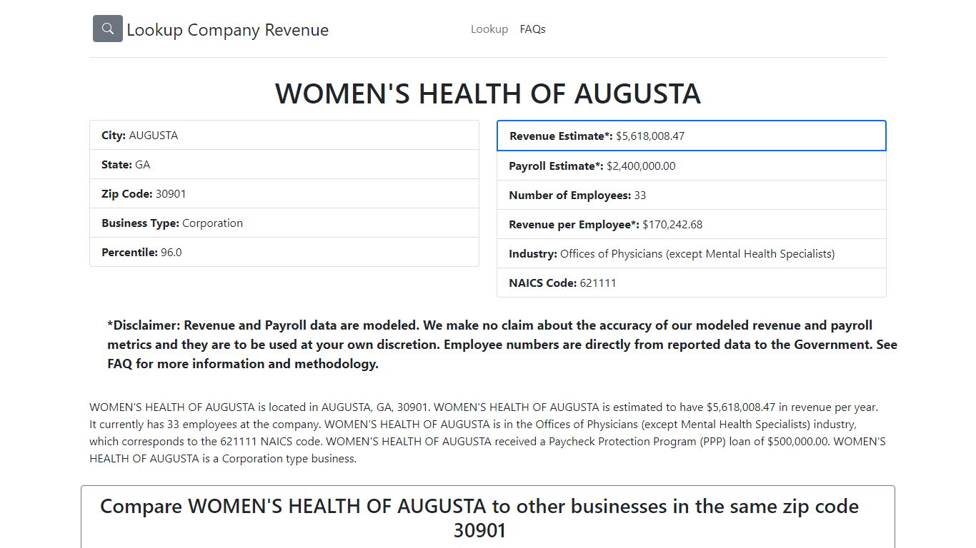 WOMEN'S HEALTH OF AUGUSTA Revenue, Payroll, and Headcount -- Accurate Data